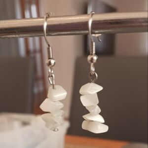 Handmade White Earrings Cat's Eye Glass Chip Beads - New Item (1.5")